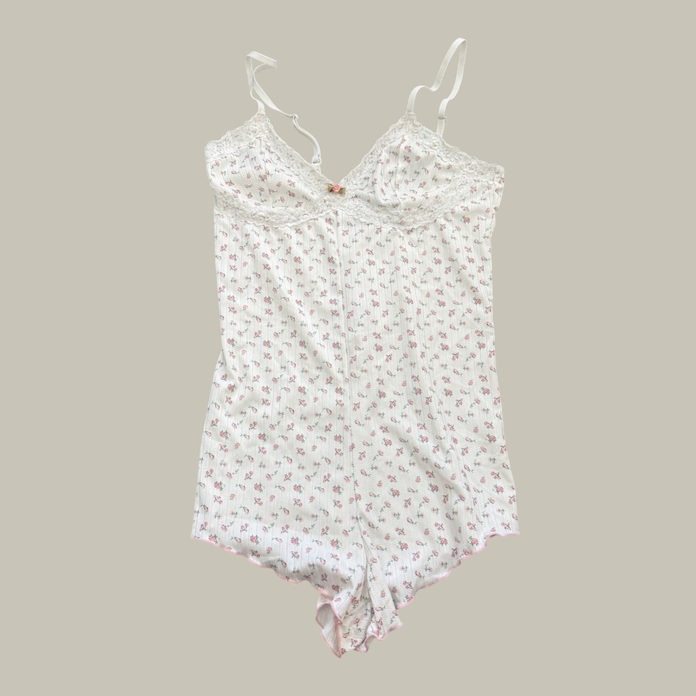 Women Floral Lace Trim Cami Babydoll Romper Sleepwear Pajama Loungewear M